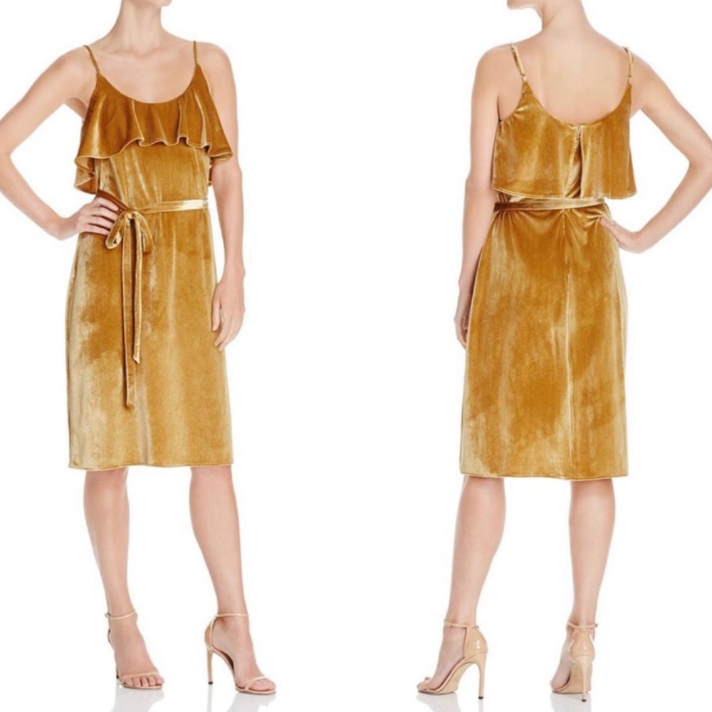 Elliatt Gold Velvet Velour Midi Ruffle Cocktail Dress Revolve XS